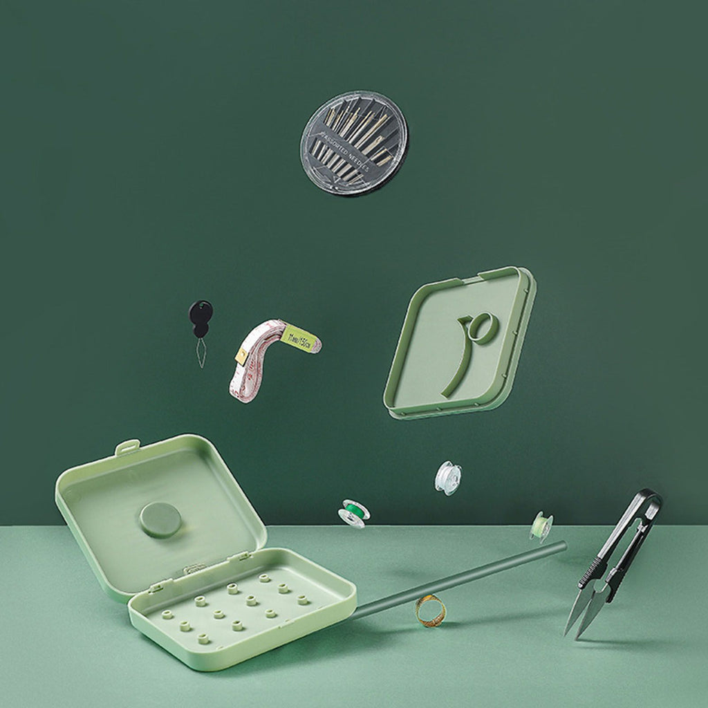Magnetic Suction Sewing Box Portable Small Double Layer Magnetic Sewing Box Kit for Home Dormitory Travel Green