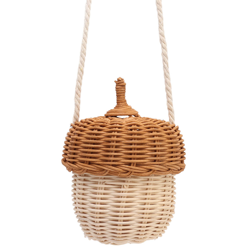 Kids Rattan Storage Basket Hand Woven Decorative Acorn Shaped Basket Bag for Boys Girls Photography Props Small Shoulder Bag