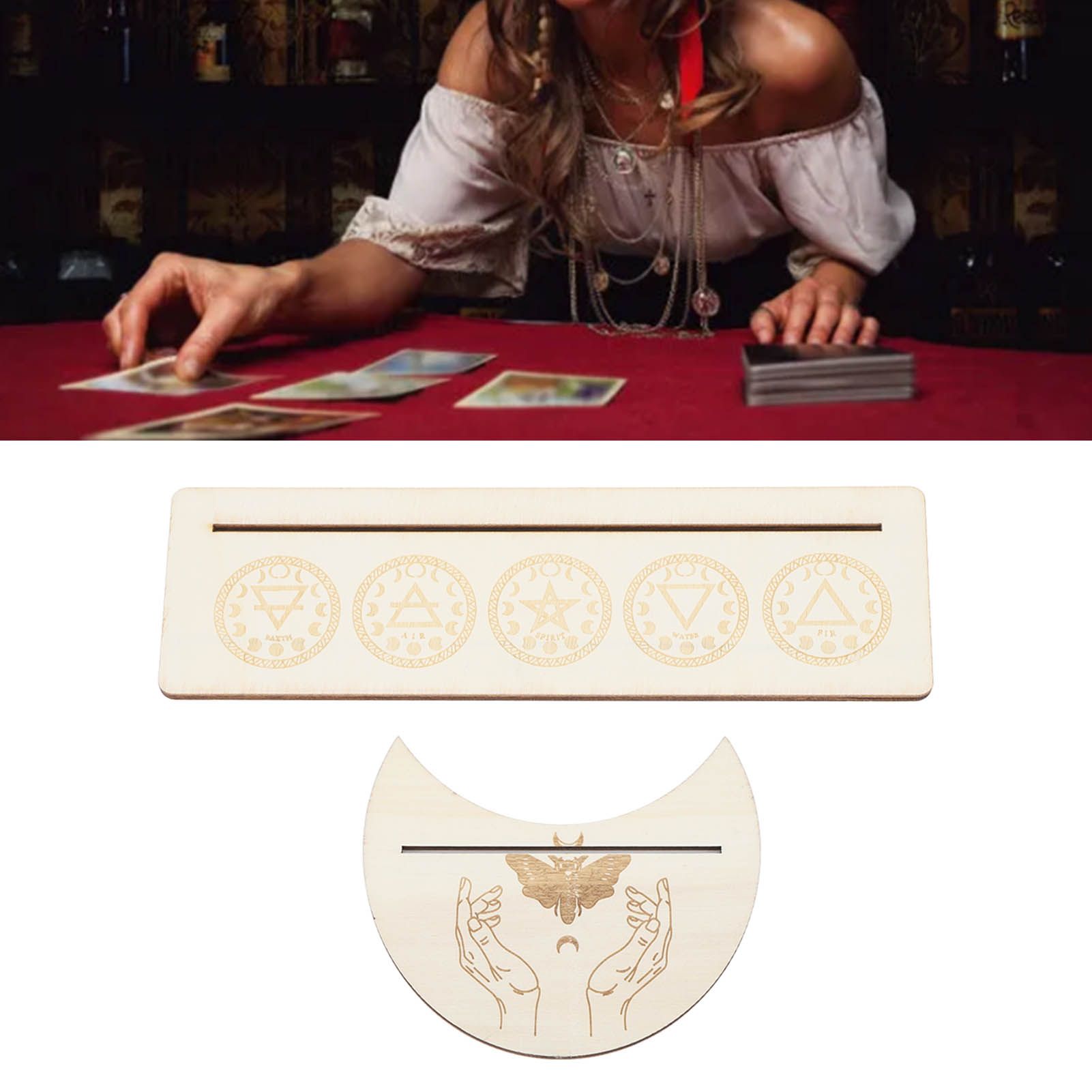 2 Pieces Wooden Tarot Card Stand Holder Stable Moon Shape and Rectangle Wooden Tarot Card Display Stand Base Type A