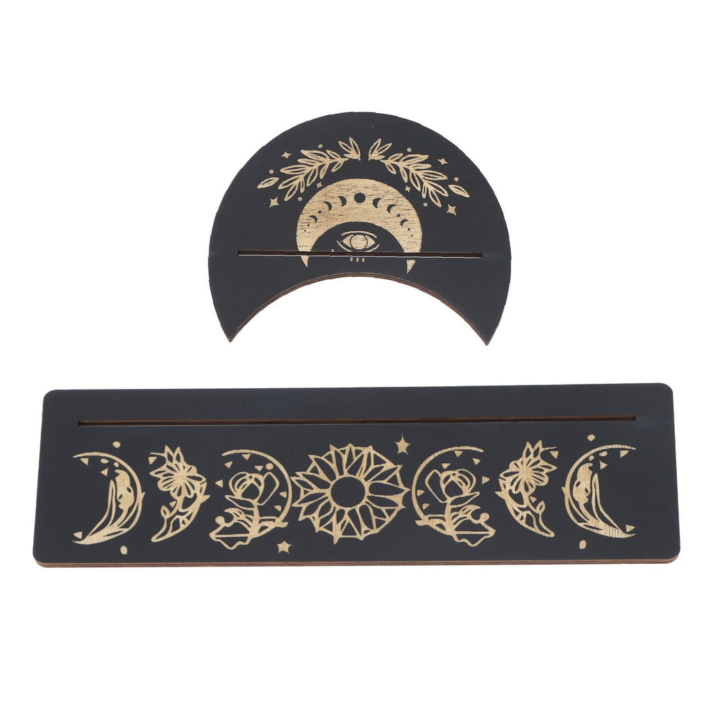 2 Pieces Wooden Tarot Card Stand Holder Moon Shape and Rectangle Wooden Tarot Card Display Stand Base Black Type A