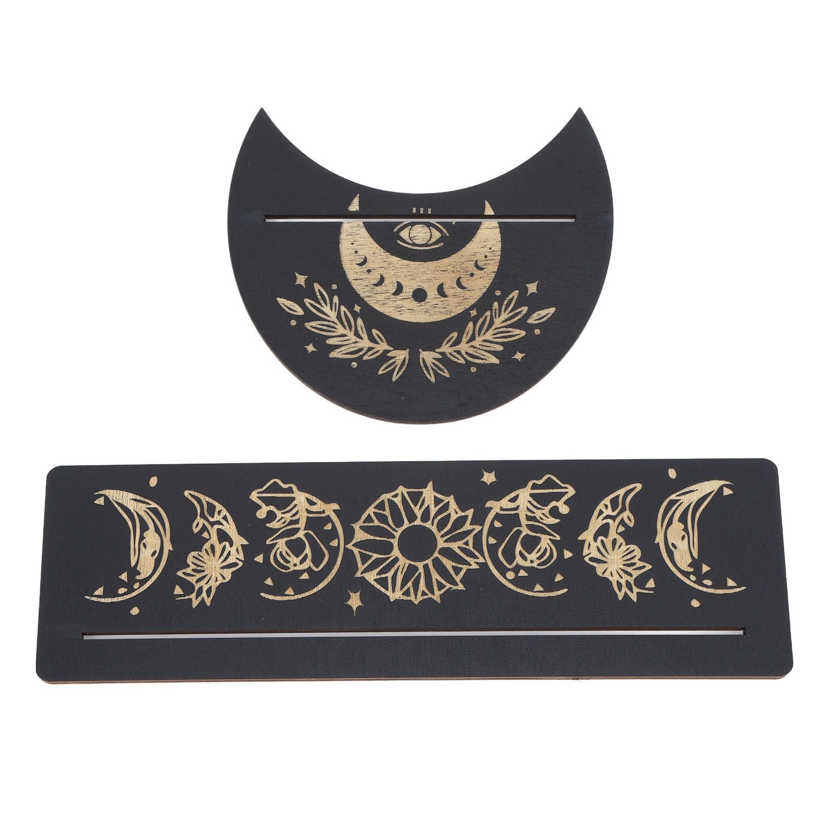 2 Pieces Wooden Tarot Card Stand Holder Moon Shape and Rectangle Wooden Tarot Card Display Stand Base Black Type A