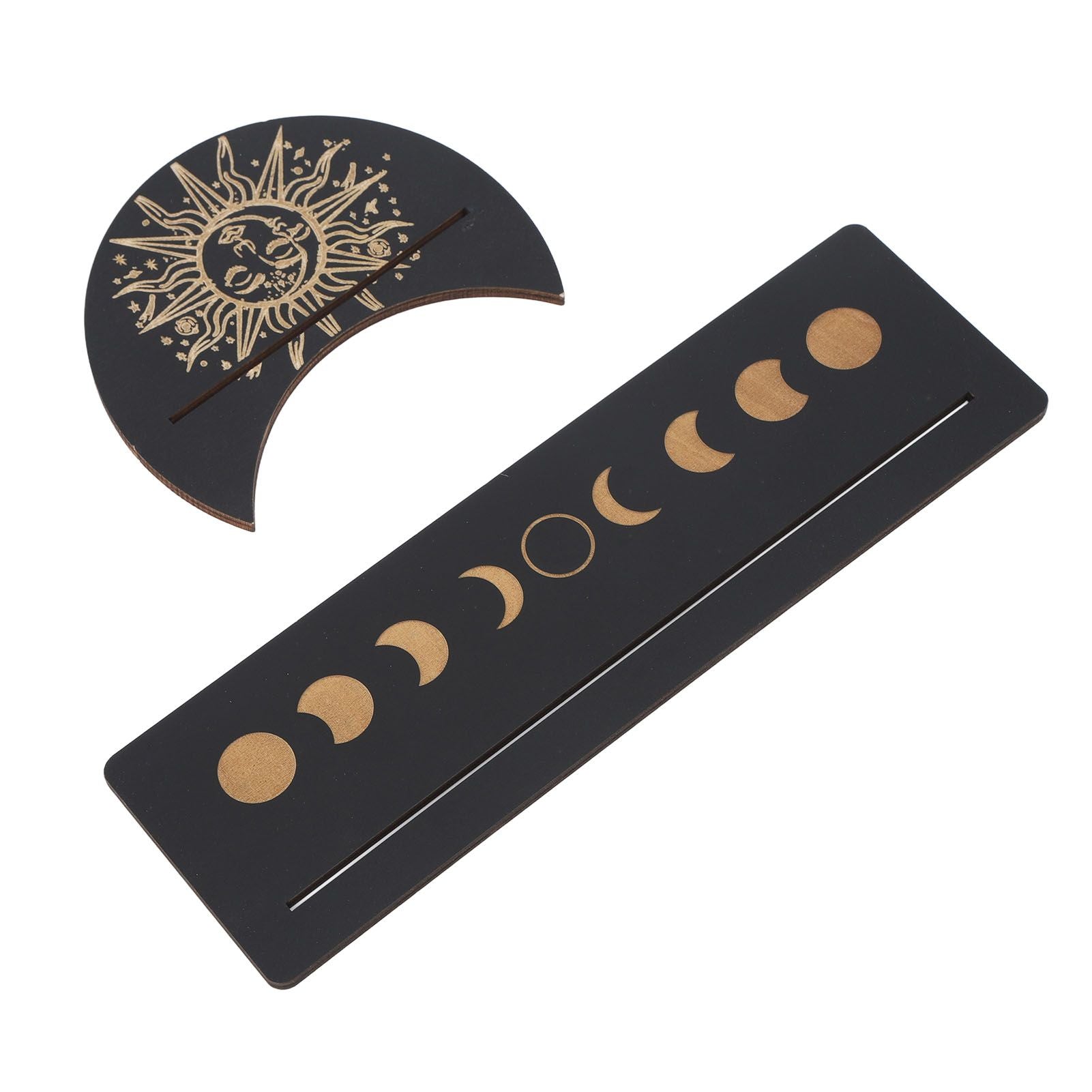 2 Pieces Wooden Tarot Card Stand Holder Moon Shape and Rectangle Wooden Tarot Card Display Stand Base Black Type B