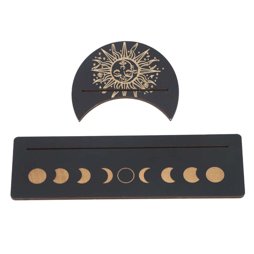 2 Pieces Wooden Tarot Card Stand Holder Moon Shape and Rectangle Wooden Tarot Card Display Stand Base Black Type B