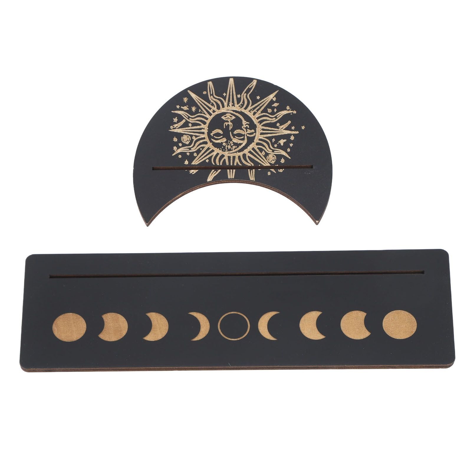 2 Pieces Wooden Tarot Card Stand Holder Moon Shape and Rectangle Wooden Tarot Card Display Stand Base Black Type B
