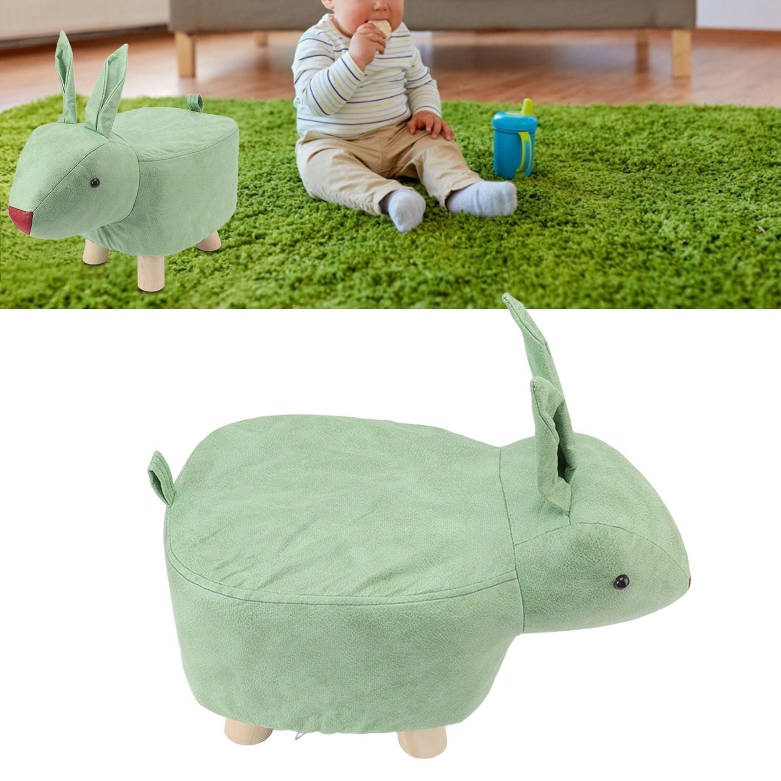 Cartoon Animal Shaped Stool Kid Home Living Room Cute Wooden Footstool for Playroom Courtyard Green