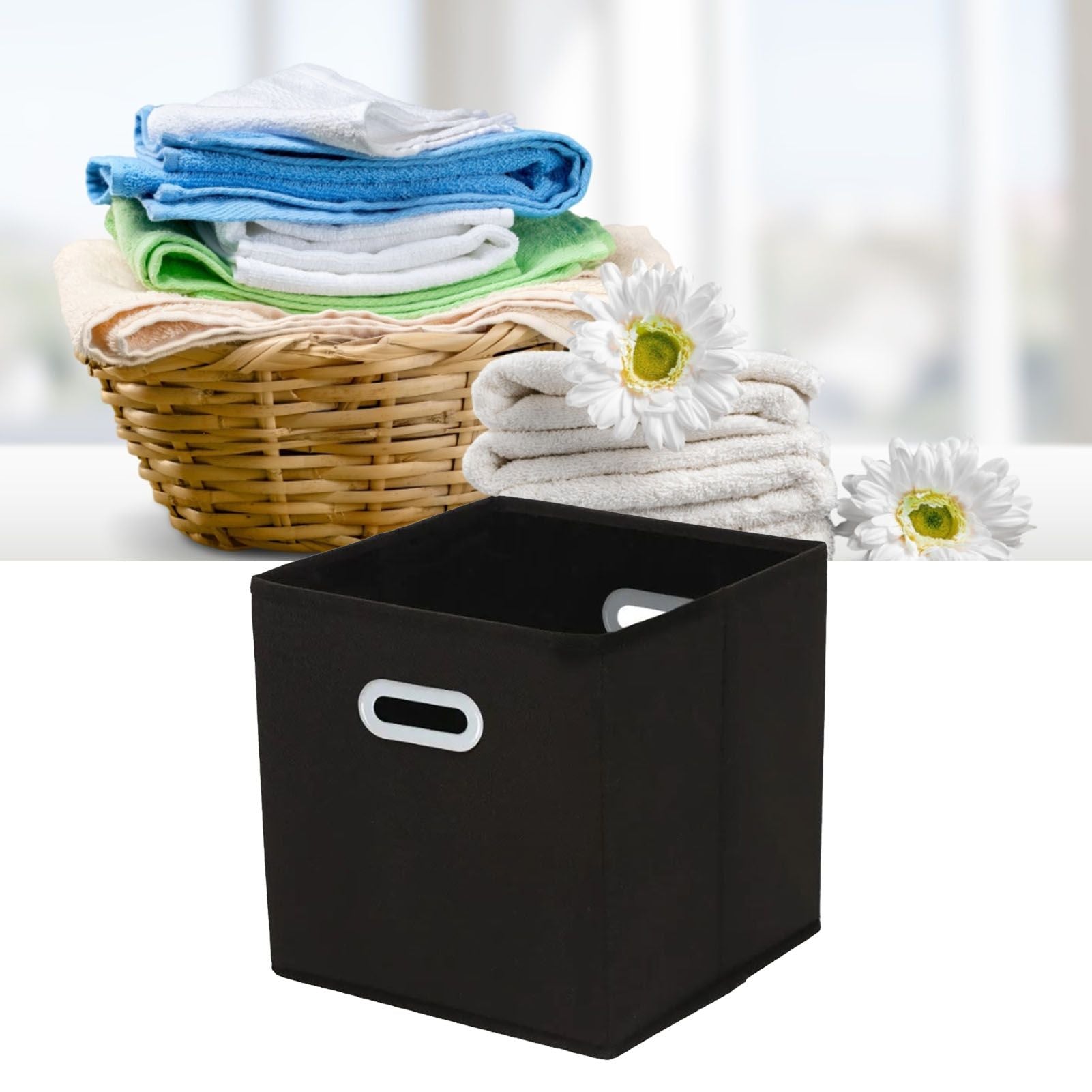 Fabric Cube Organizer Black Dual Handles Foldable Storage Bins Baskets for Home Bedroom Toy Clothing Organize