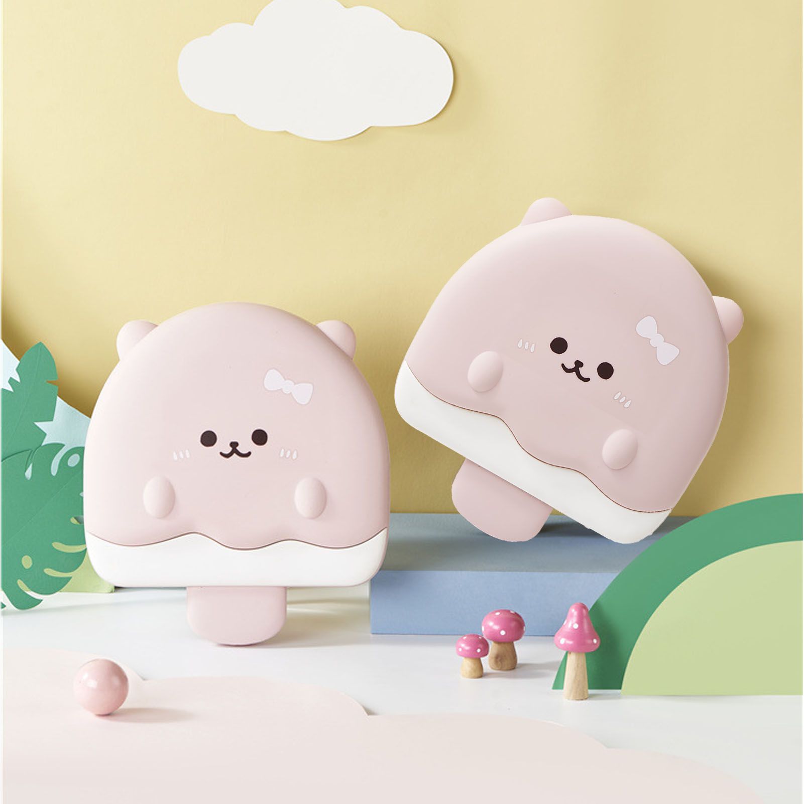 5 Compartment Candy Tray with Lid Cartoon Cute Snack Serving Tray Fruit Tray for Outdoor Picnic Pink Bear