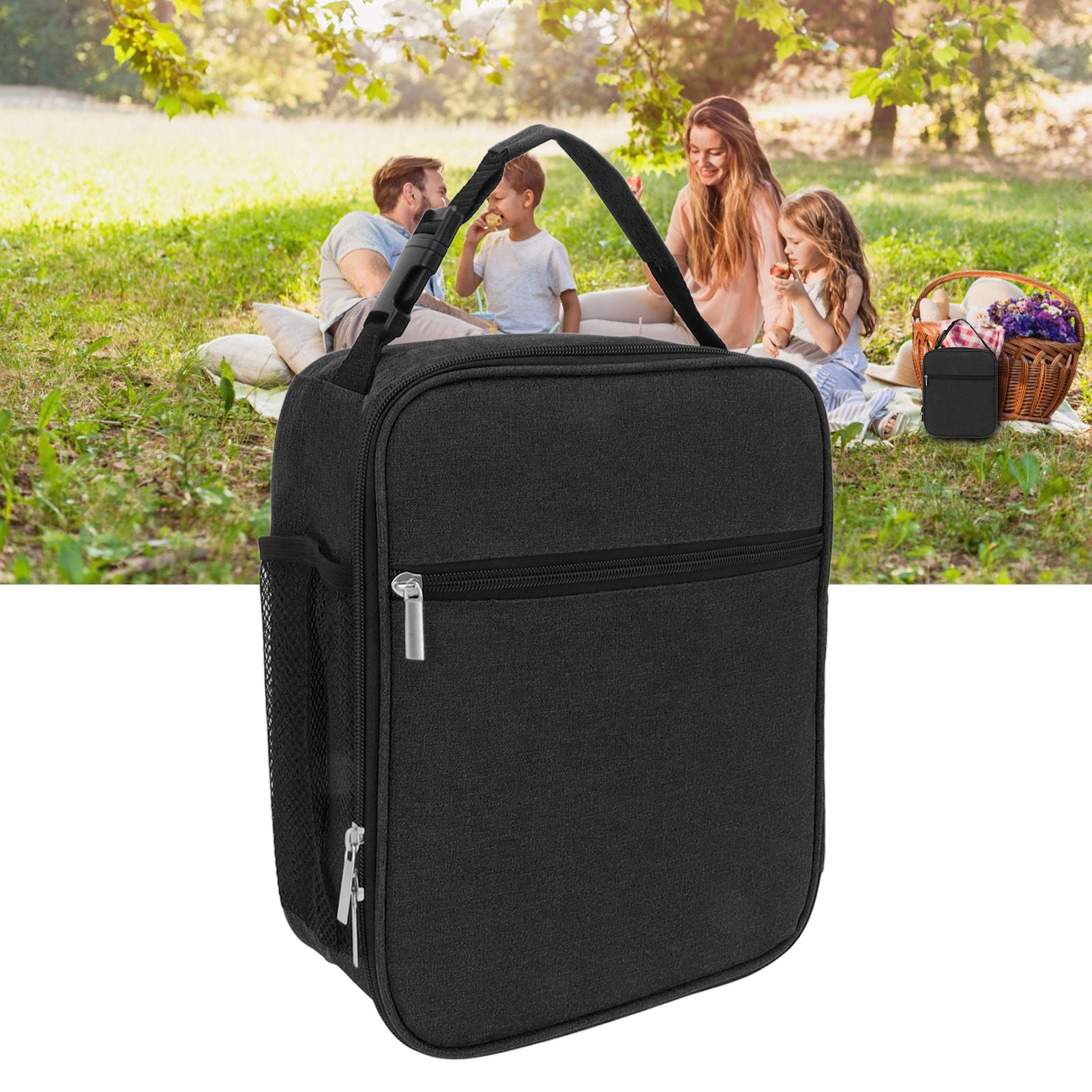 Insulated Lunch Bag 6L Oxford Fabric Leakproof Lining Portable Handle Zippered Lunch Bag for Outdoor Camping Beach Black