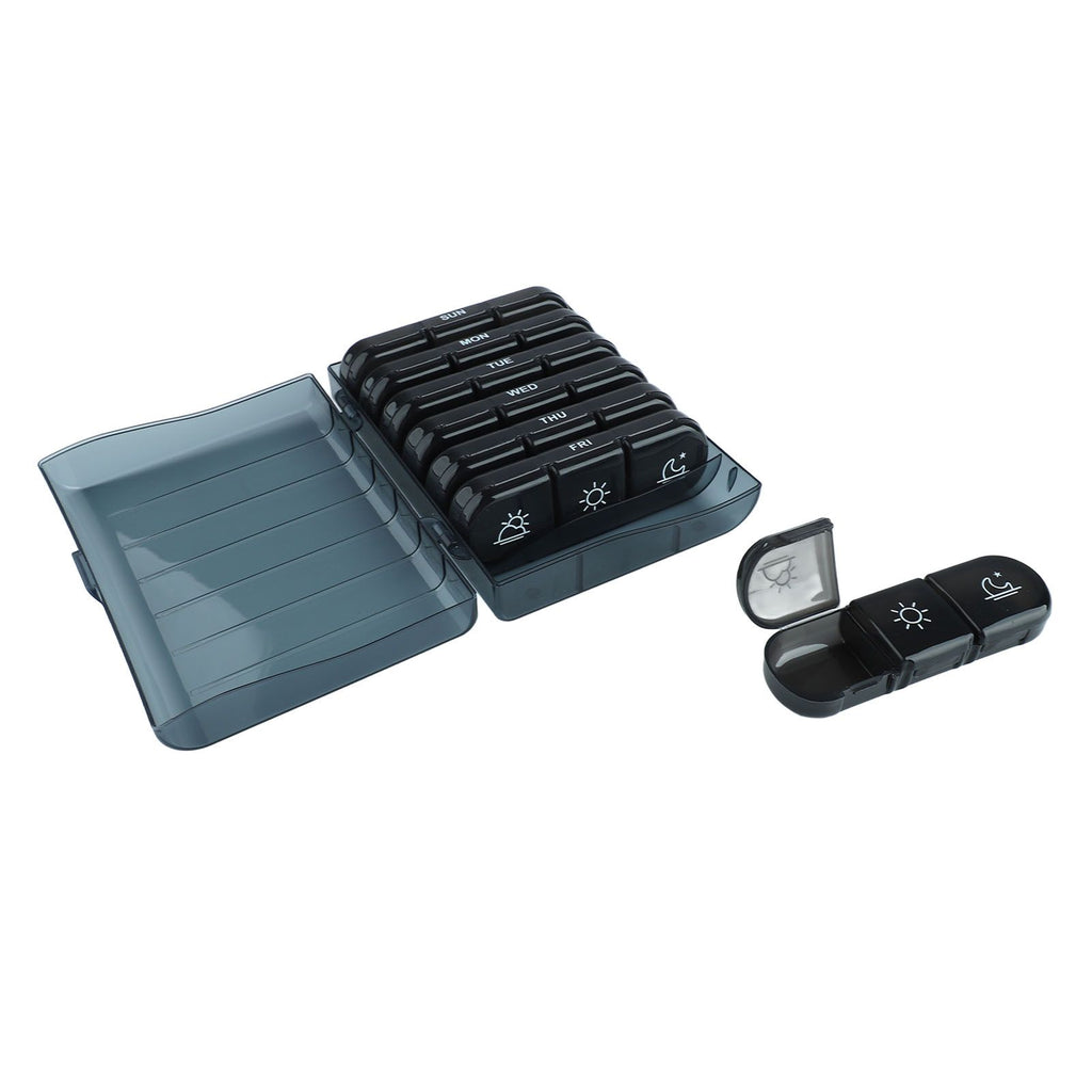 3 Times A Day 7 Day Pill Organizer 21 Grid Portable Pill Organizer Travel Medicine Container Black Black Shell
