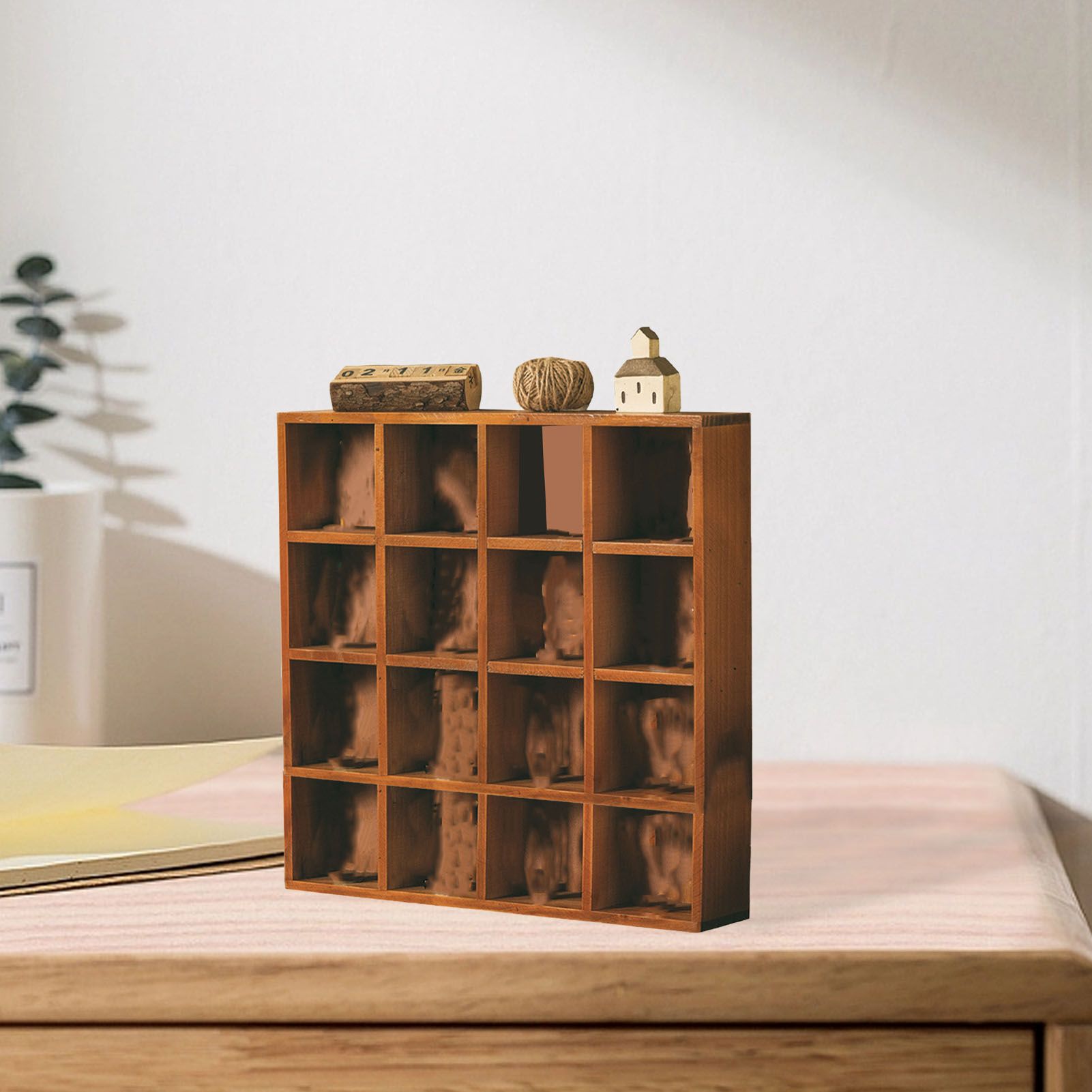 Wall Mounted Figures Display Shelves Rack Retro Wooden Figures Display Case for Home Bedroom 16 Grids
