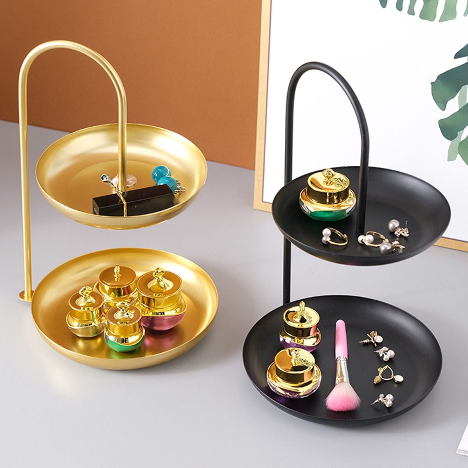 2 Tier Iron Fruit Serving Tray Waterproof Multi Tier Storage Platter for Coffee Table Party Gold