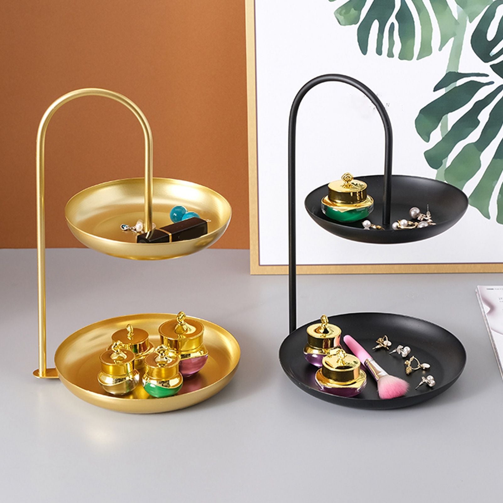 2 Tier Iron Fruit Serving Tray Waterproof Multi Tier Storage Platter for Coffee Table Party Black