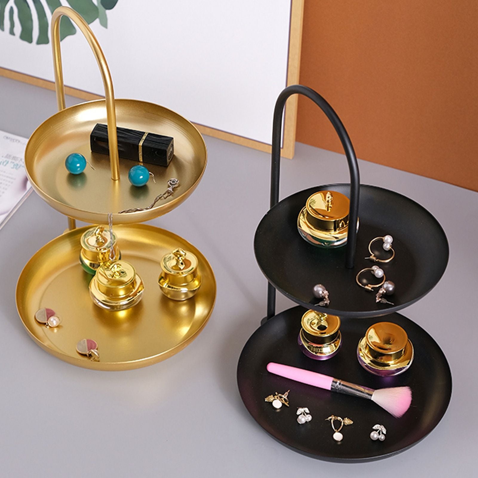 2 Tier Iron Fruit Serving Tray Waterproof Multi Tier Storage Platter for Coffee Table Party Black