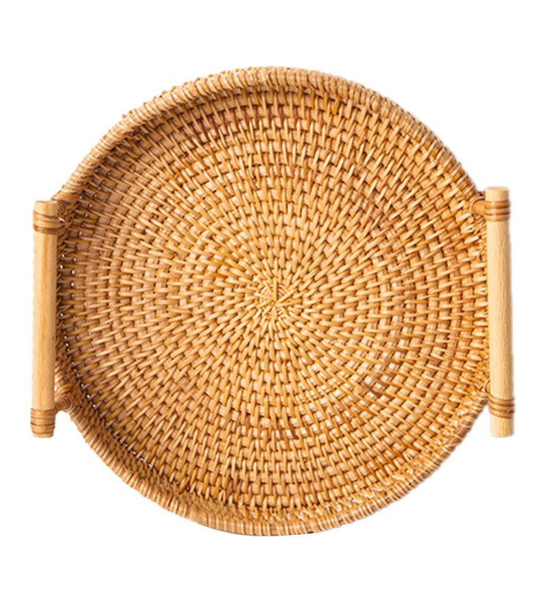 Hand Woven Round Rattan Serving Tray Bread Fruit Dessert Snack Basket with Handles Diameter 22cm Height 3cm