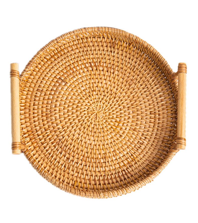 Hand Woven Round Rattan Serving Tray Bread Fruit Dessert Snack Basket with Handles Diameter 22cm Height 3cm
