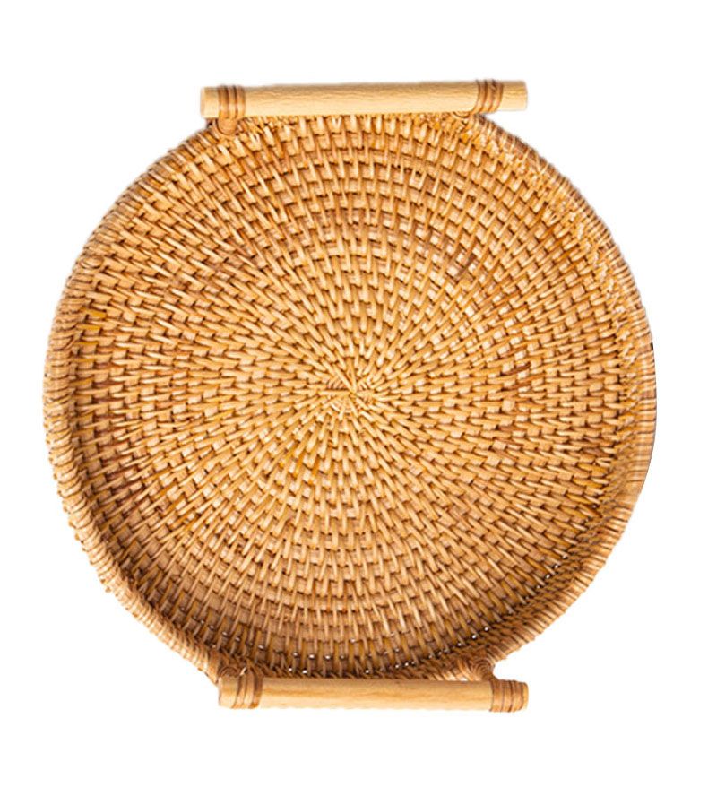 Hand Woven Round Rattan Serving Tray Bread Fruit Dessert Snack Basket with Handles Diameter 22cm Height 3cm