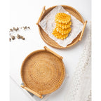 Hand Woven Round Rattan Serving Tray Bread Fruit Dessert Snack Basket with Handles Diameter 22cm Height 3cm