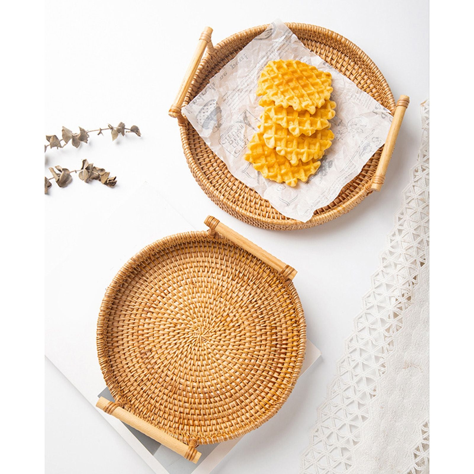 Hand Woven Round Rattan Serving Tray Bread Fruit Dessert Snack Basket with Handles Diameter 22cm Height 3cm