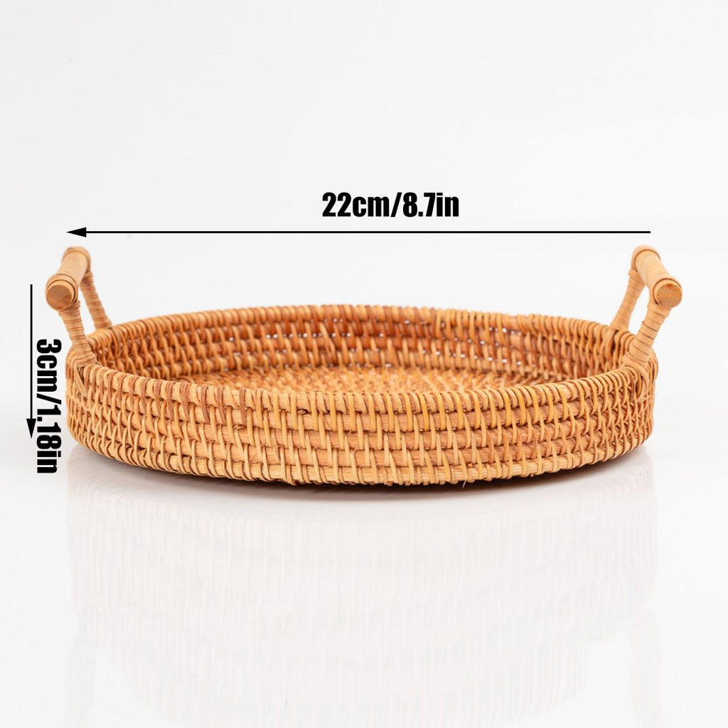 Hand Woven Round Rattan Serving Tray Bread Fruit Dessert Snack Basket with Handles Diameter 22cm Height 3cm