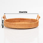 Hand Woven Round Rattan Serving Tray Bread Fruit Dessert Snack Basket with Handles Diameter 22cm Height 3cm
