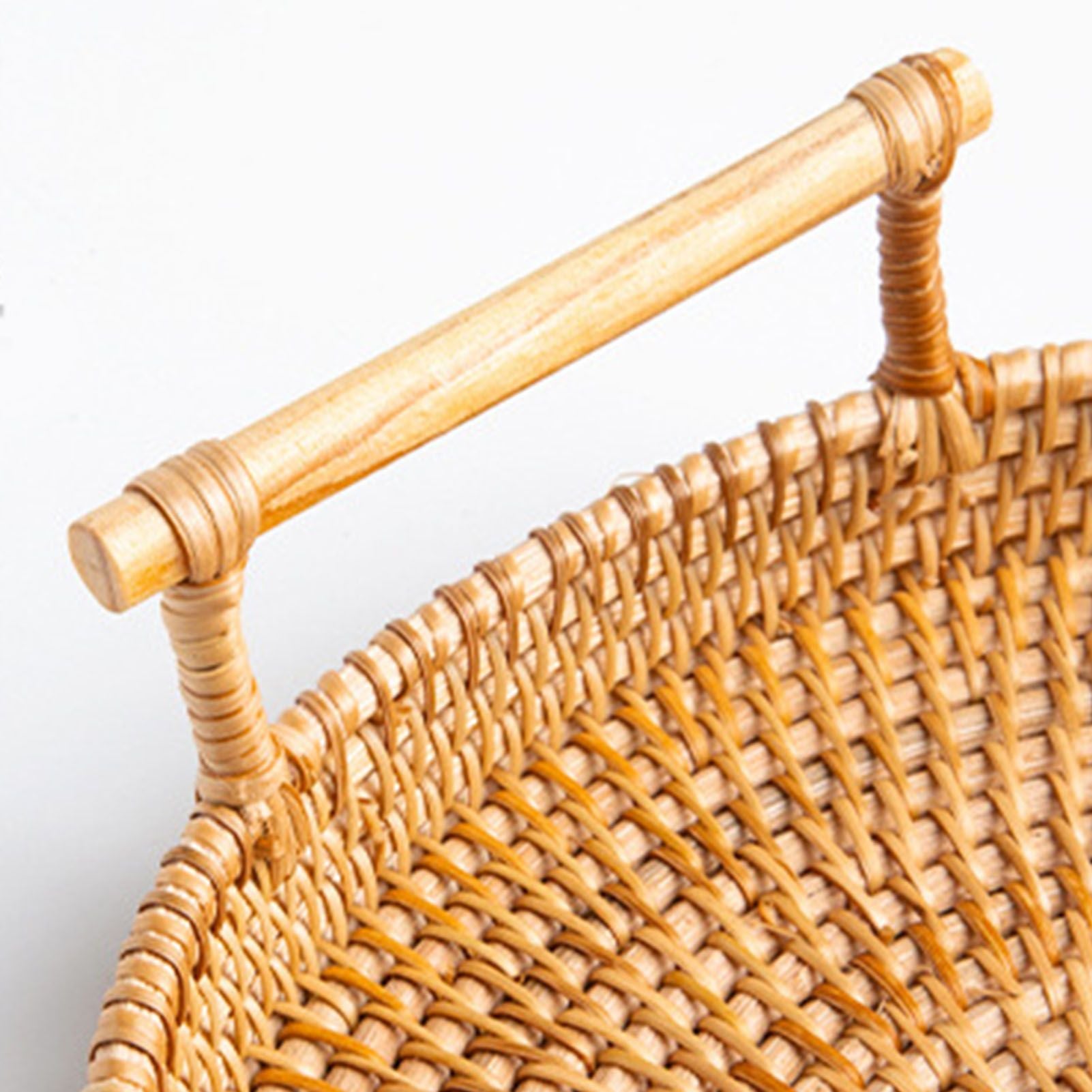 Hand Woven Round Rattan Serving Tray Bread Fruit Dessert Snack Basket with Handles Diameter 22cm Height 3cm