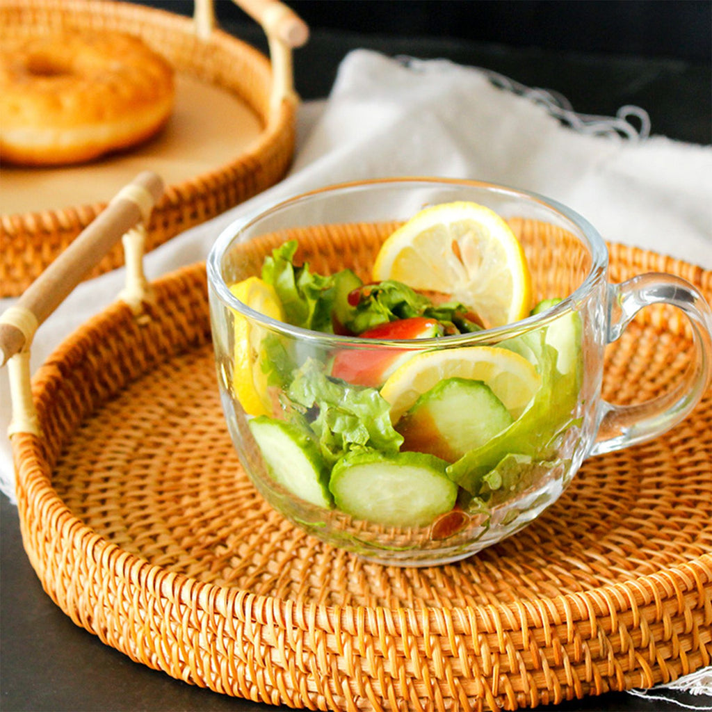 Hand Woven Round Rattan Serving Tray Bread Fruit Dessert Snack Basket with Handles Diameter 22cm Height 3cm