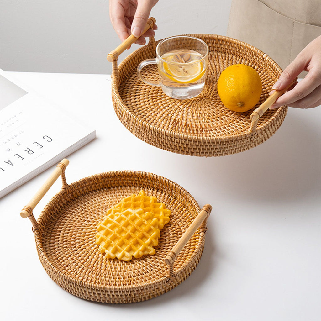 Hand Woven Round Rattan Serving Tray Bread Fruit Dessert Snack Basket with Handles Diameter 22cm Height 3cm