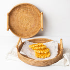 Hand Woven Round Rattan Serving Tray Bread Fruit Dessert Snack Basket with Handles Diameter 22cm Height 3cm