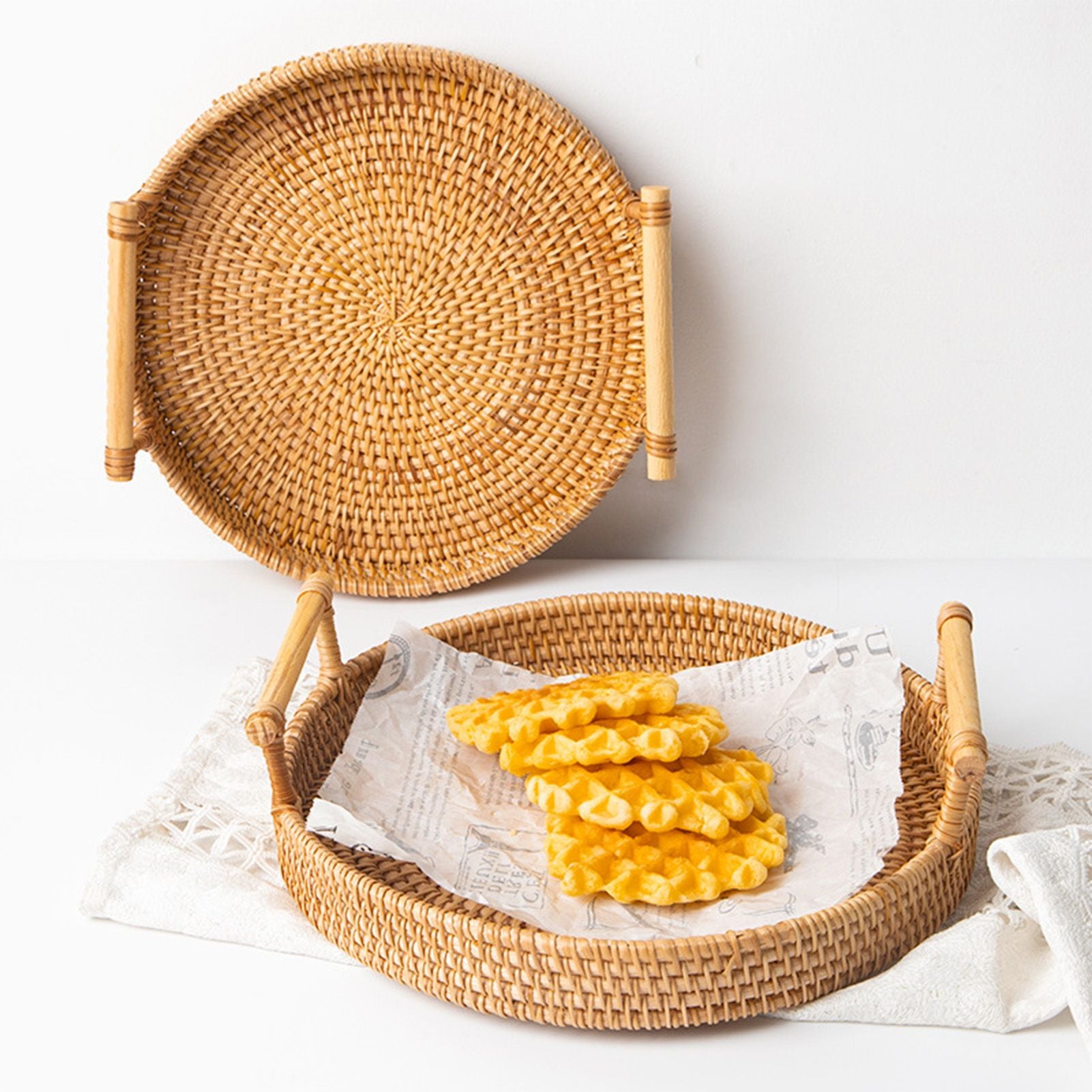 Hand Woven Round Rattan Serving Tray Bread Fruit Dessert Snack Basket with Handles Diameter 22cm Height 3cm