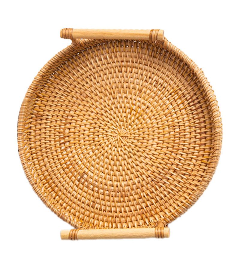 Hand Woven Round Rattan Serving Tray Bread Fruit Dessert Snack Basket with Handles Diameter 22cm Height 3cm