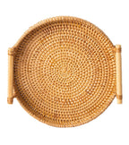 Hand Woven Round Rattan Serving Tray Bread Fruit Dessert Snack Basket with Handles Diameter 24cm Height 3cm