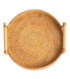 Hand Woven Round Rattan Serving Tray Bread Fruit Dessert Snack Basket with Handles Diameter 24cm Height 3cm