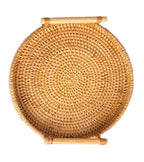 Hand Woven Round Rattan Serving Tray Bread Fruit Dessert Snack Basket with Handles Diameter 24cm Height 3cm