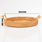 Hand Woven Round Rattan Serving Tray Bread Fruit Dessert Snack Basket with Handles Diameter 24cm Height 3cm