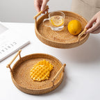Hand Woven Round Rattan Serving Tray Bread Fruit Dessert Snack Basket with Handles Diameter 24cm Height 3cm
