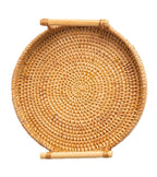 Hand Woven Round Rattan Serving Tray Bread Fruit Dessert Snack Basket with Handles Diameter 24cm Height 3cm