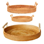 Hand Woven Round Rattan Serving Tray Bread Fruit Dessert Snack Basket with Handles 3 Piece Set