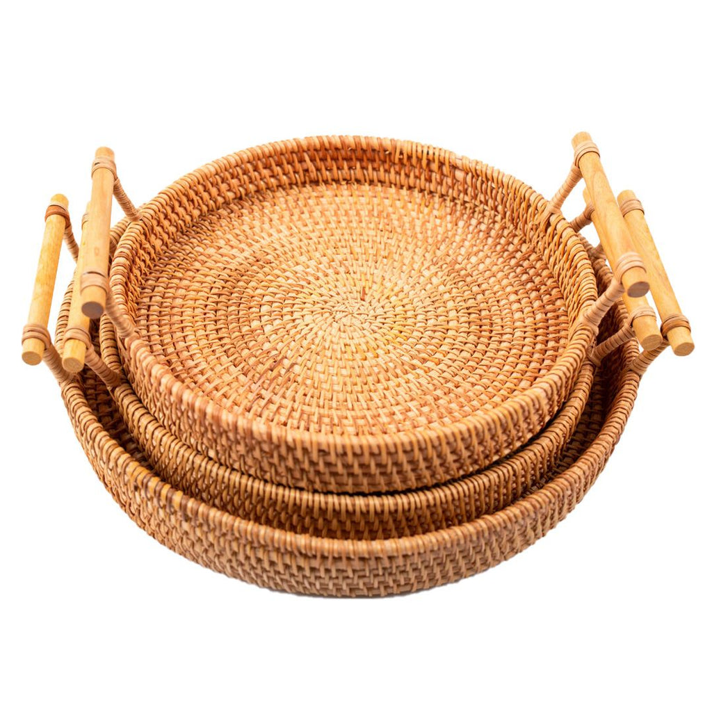 Hand Woven Round Rattan Serving Tray Bread Fruit Dessert Snack Basket with Handles 3 Piece Set
