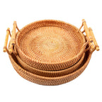 Hand Woven Round Rattan Serving Tray Bread Fruit Dessert Snack Basket with Handles 3 Piece Set