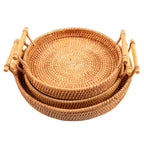 Hand Woven Round Rattan Serving Tray Bread Fruit Dessert Snack Basket with Handles 3 Piece Set