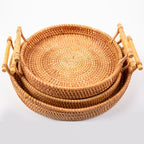 Hand Woven Round Rattan Serving Tray Bread Fruit Dessert Snack Basket with Handles 3 Piece Set