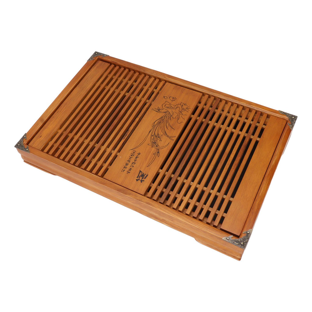 Kungfu Tea Tray Chinese Gongfu Tea Tray Drainage Water Storage Wood Tea Table with Drain Pipe Yellow Orchid