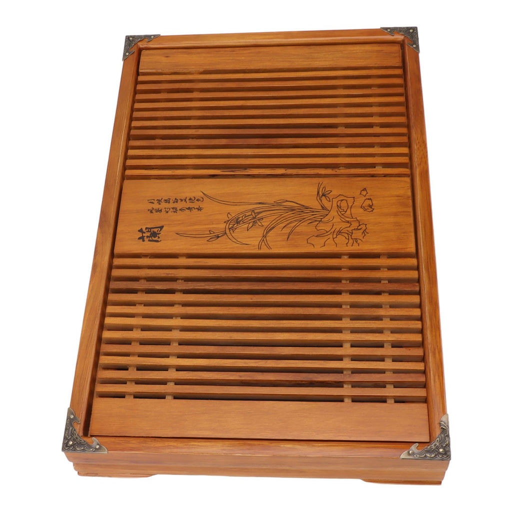 Kungfu Tea Tray Chinese Gongfu Tea Tray Drainage Water Storage Wood Tea Table with Drain Pipe Yellow Orchid