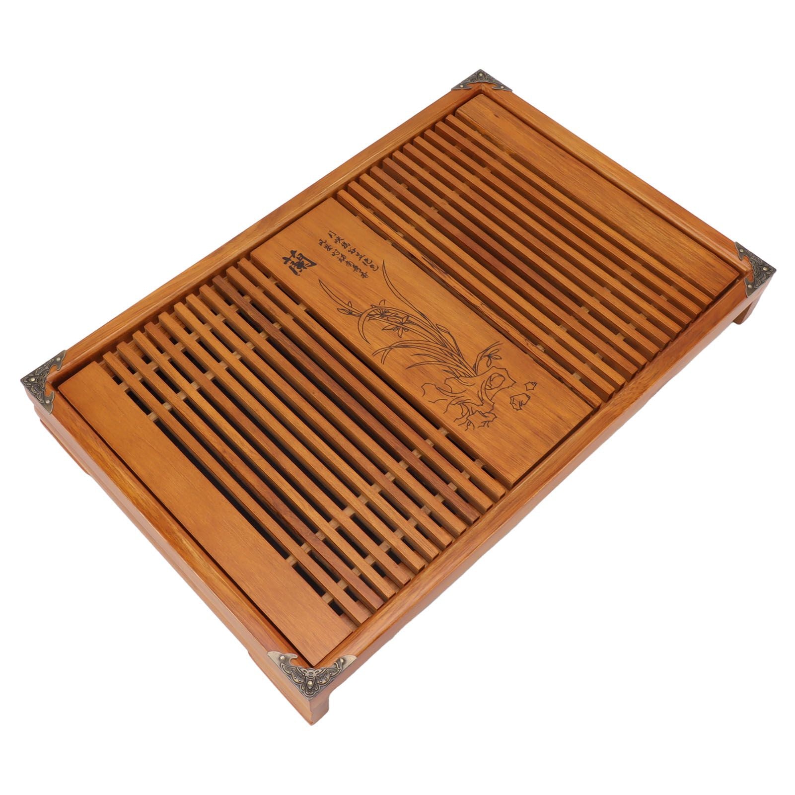 Kungfu Tea Tray Chinese Gongfu Tea Tray Drainage Water Storage Wood Tea Table with Drain Pipe Yellow Orchid