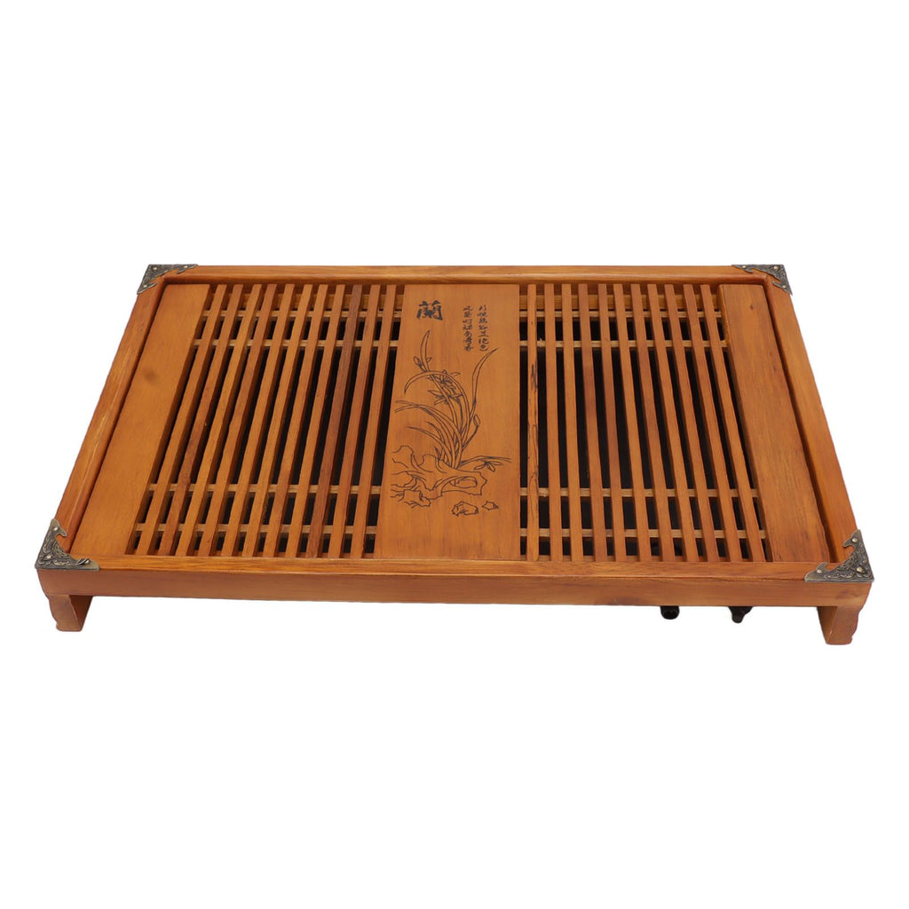 Kungfu Tea Tray Chinese Gongfu Tea Tray Drainage Water Storage Wood Tea Table with Drain Pipe Yellow Orchid