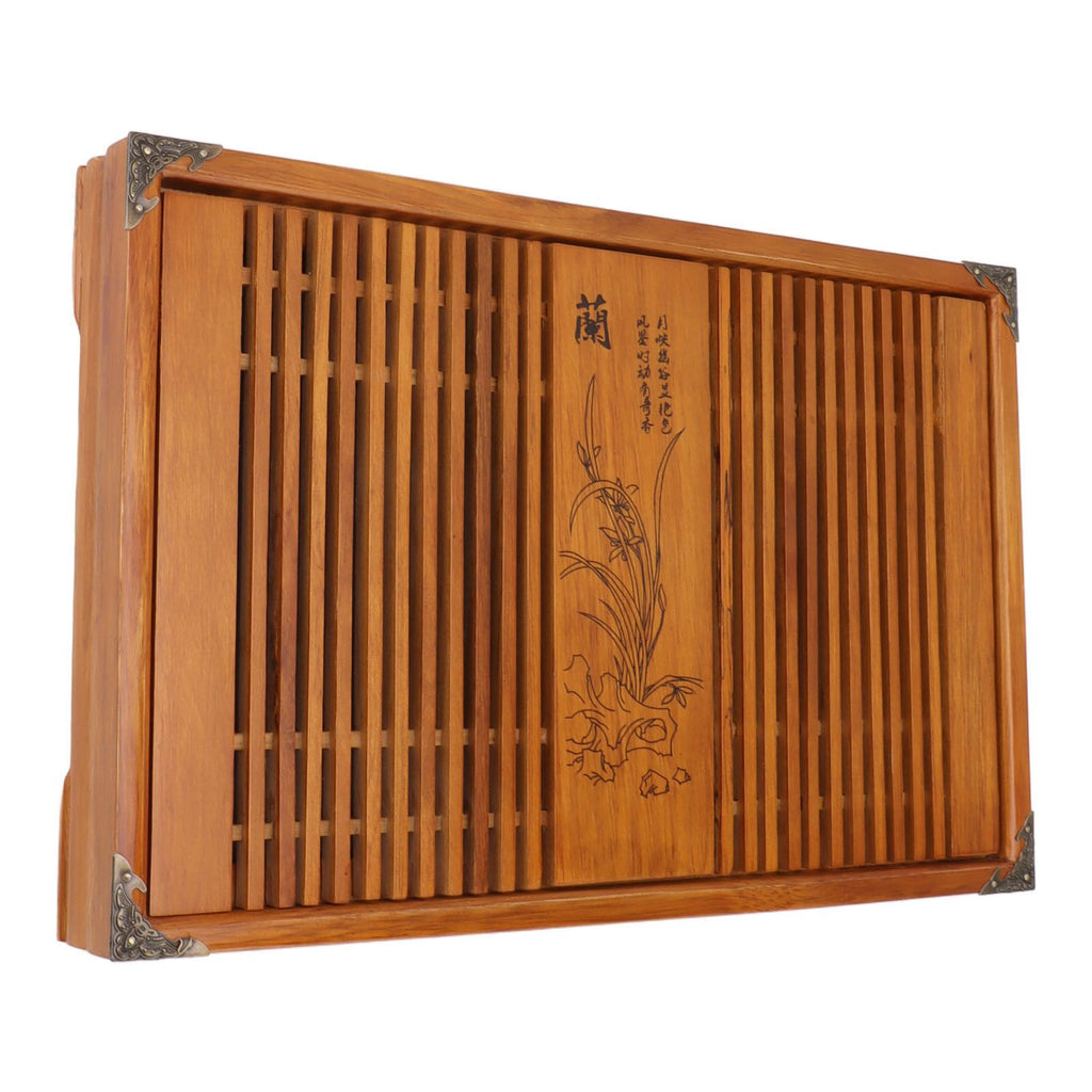 Kungfu Tea Tray Chinese Gongfu Tea Tray Drainage Water Storage Wood Tea Table with Drain Pipe Yellow Orchid