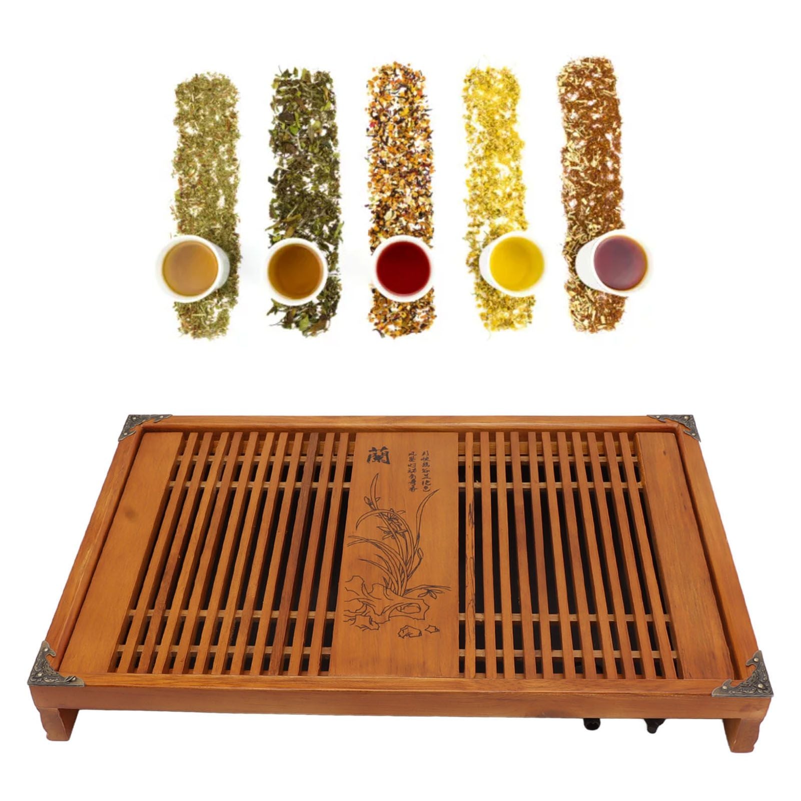 Kungfu Tea Tray Chinese Gongfu Tea Tray Drainage Water Storage Wood Tea Table with Drain Pipe Yellow Orchid