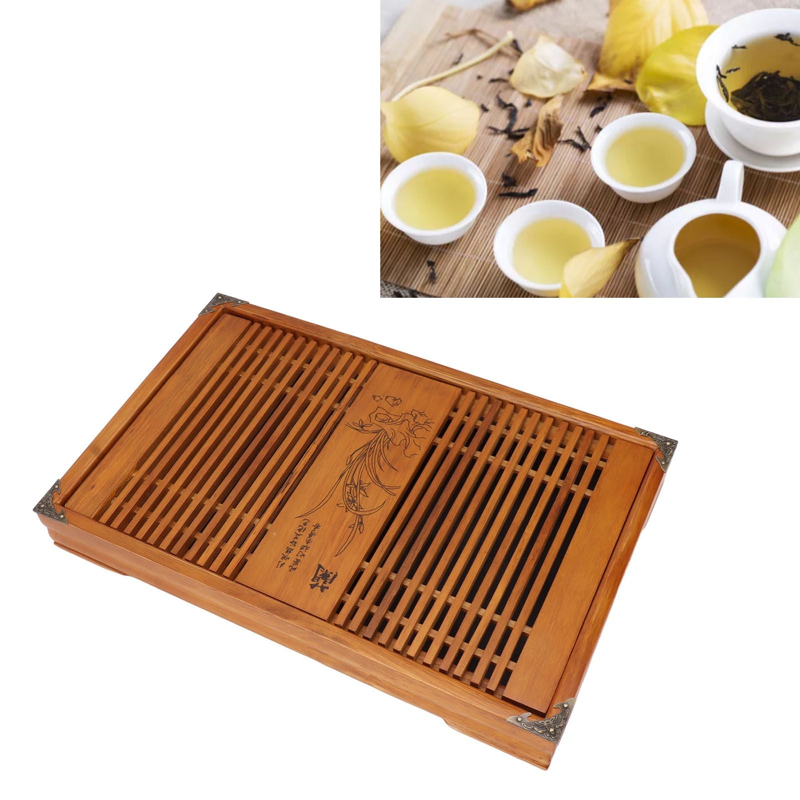Kungfu Tea Tray Chinese Gongfu Tea Tray Drainage Water Storage Wood Tea Table with Drain Pipe Yellow Orchid