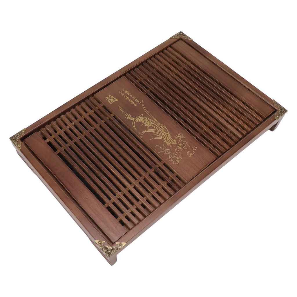 Kungfu Tea Tray Chinese Gongfu Tea Tray Drainage Water Storage Wood Tea Table with Drain Pipe Light Black Orchid