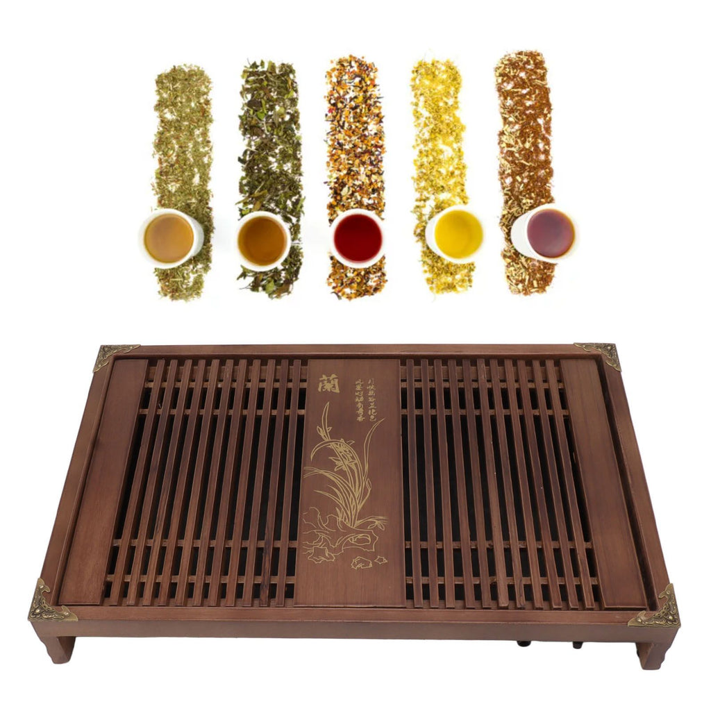 Kungfu Tea Tray Chinese Gongfu Tea Tray Drainage Water Storage Wood Tea Table with Drain Pipe Light Black Orchid